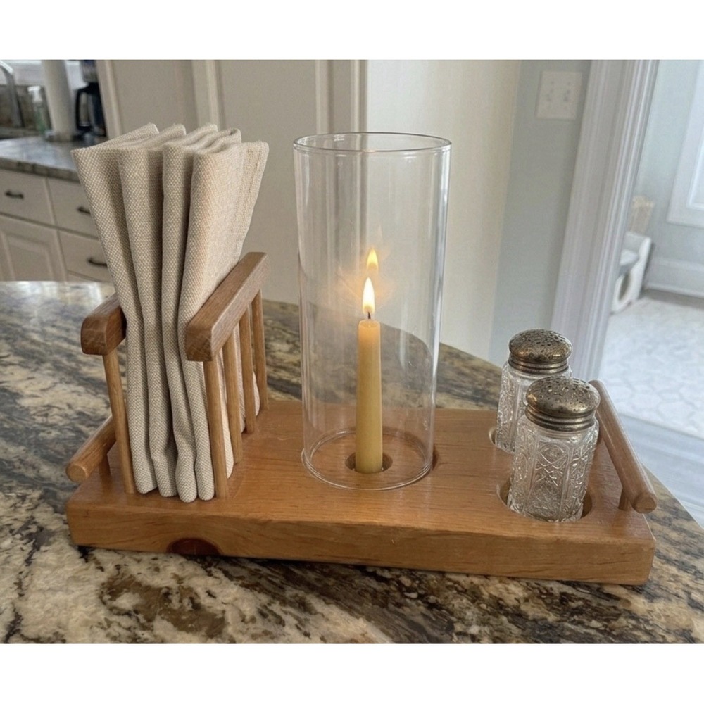 Vintage Wood Tray Salt & Pepper Shaker Holder W/ Napkin And Candle Stick Holder